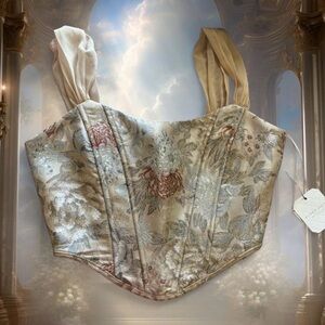 Altar’d State Floral Brocade Corset Top in Cream and Pastel Blue